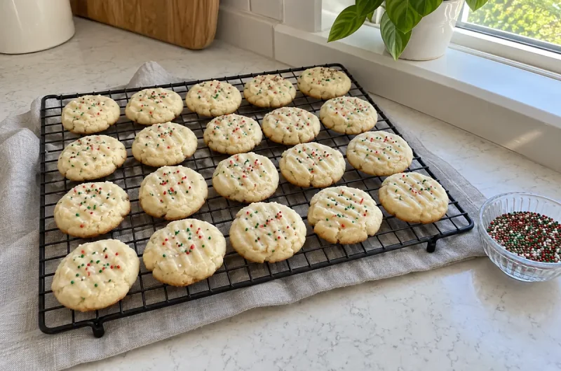 Whipped Shortbread Cookies – fork-pressed butter cookies with red, green and white nonpareils cooling on a wire rack