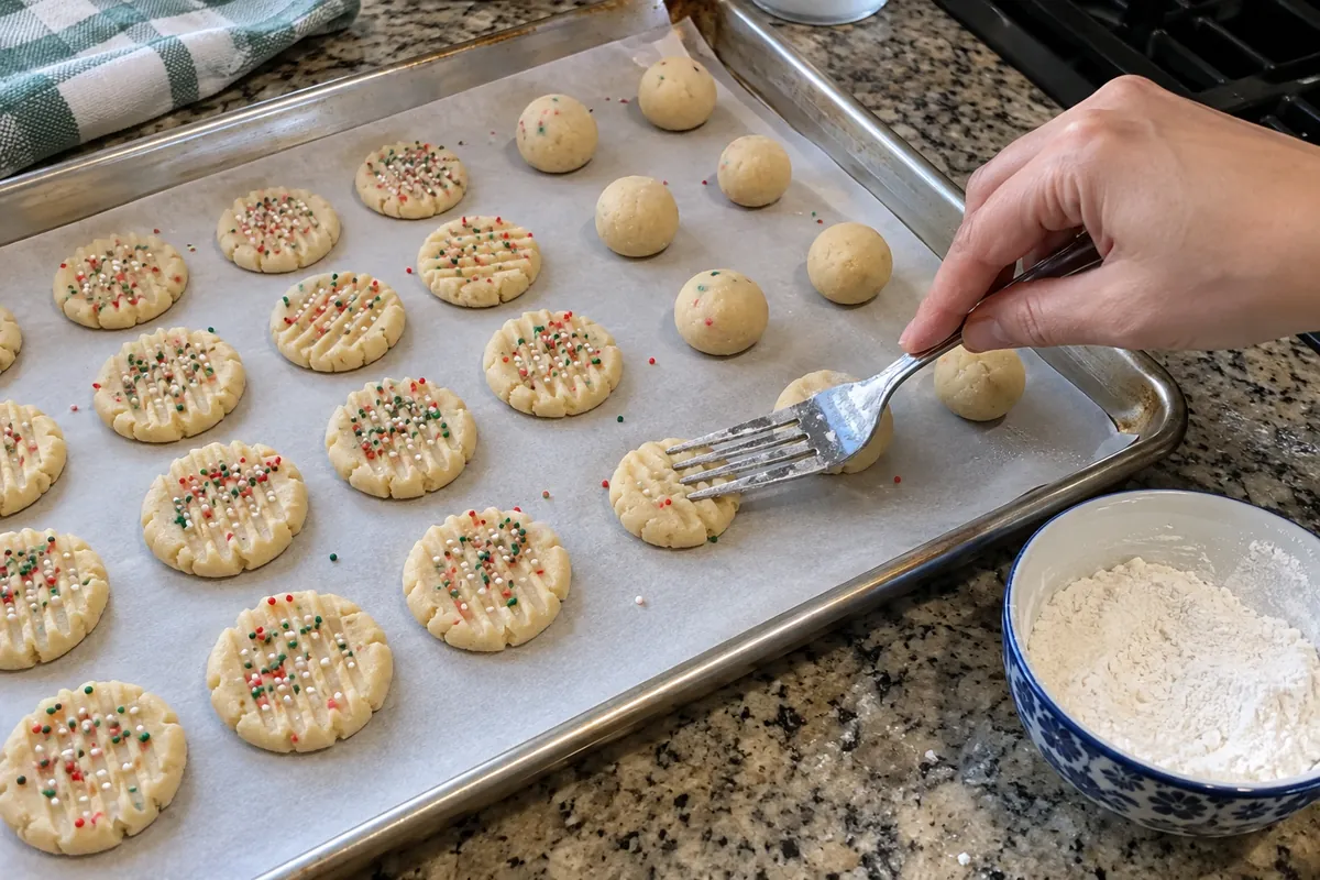 Whipped Shortbread Cookies – pressing dough balls with a floured fork on a parchment-lined baking sheet