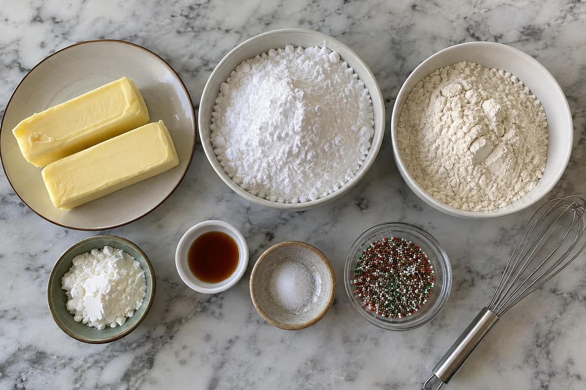 Whipped Shortbread Cookies – ingredients with butter, powdered sugar, flour, cornstarch, vanilla, salt and Christmas nonpareils