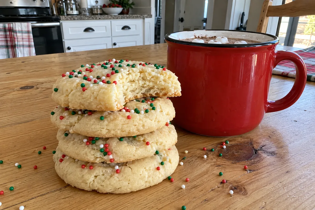Whipped Shortbread Cookies – a short stack of sprinkle-topped cookies with one bitten, next to a mug of hot cocoa