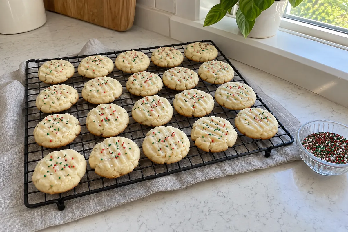 Whipped Shortbread Cookies – fork-pressed butter cookies with red, green and white nonpareils cooling on a wire rack